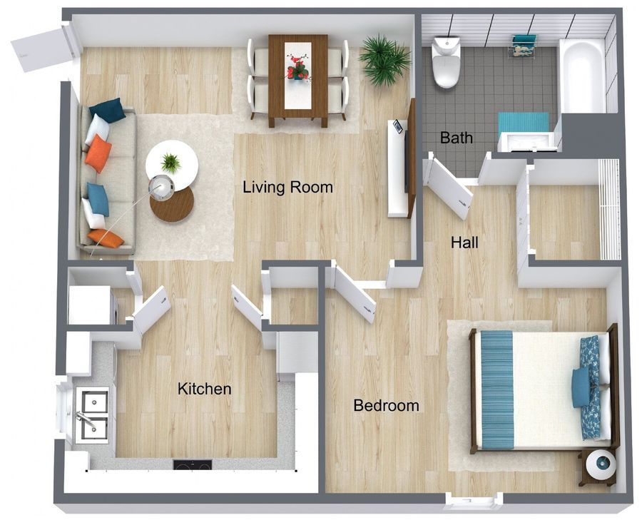 1 Bedroom / 1 Bath floor plan — 726 sq ft
