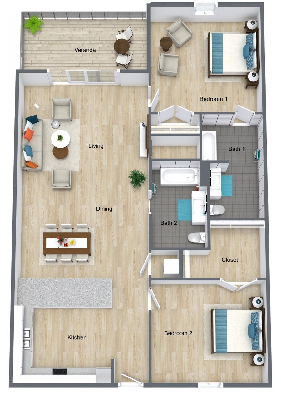 2 Bedroom / 2 Bath floor plan — 1,040 sq ft