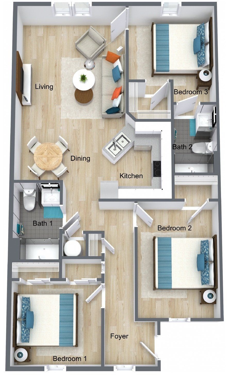 3 Bedroom / 2 Bath floor plan — 1,350 sq ft